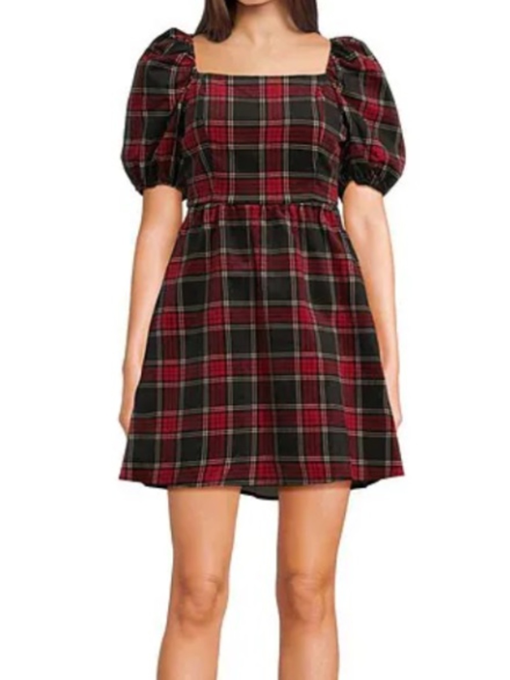 Copper Key Red and Black Plaid Puff-Sleeve Mini Dress